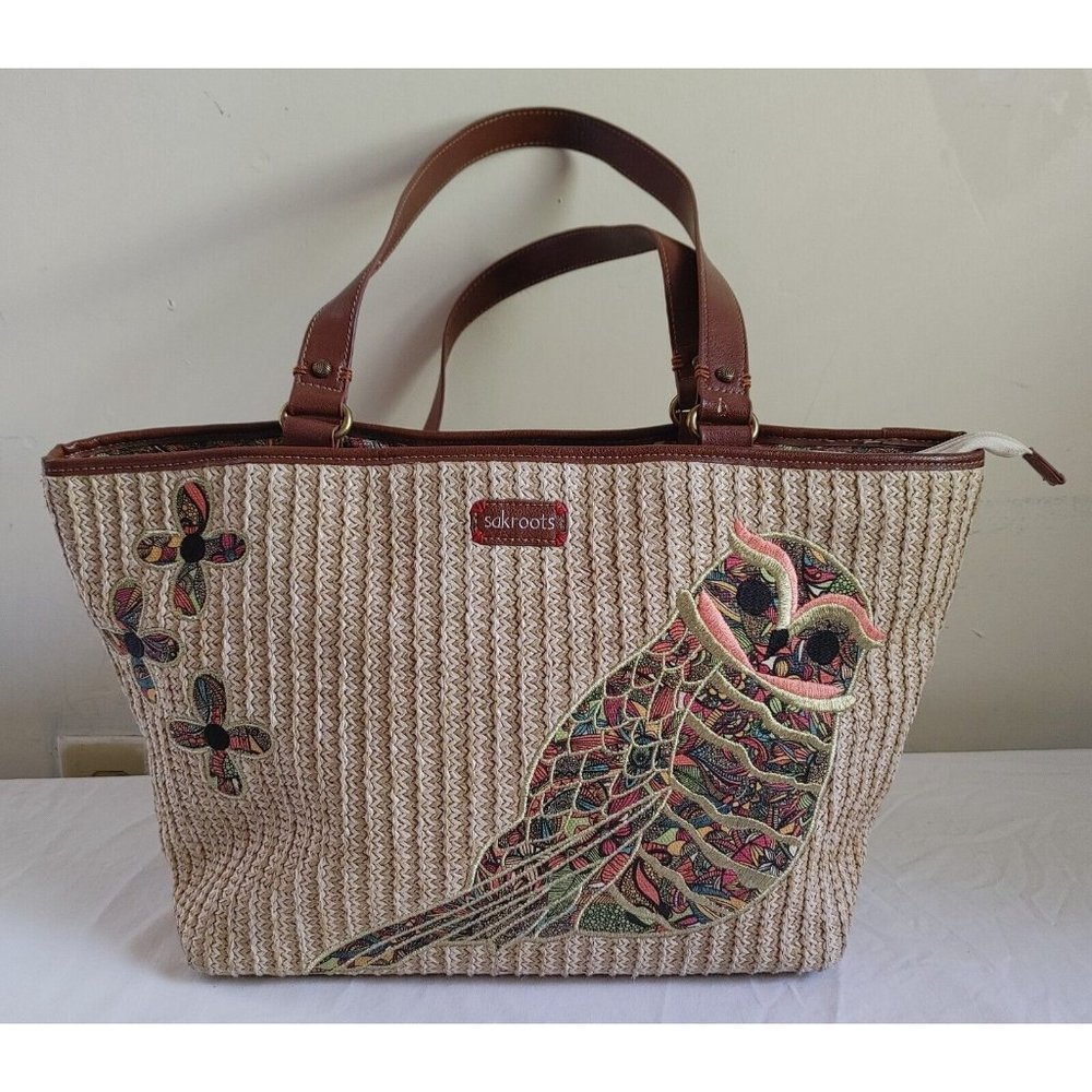 Sakroots Straw Embroidered Owl Carry All Tote Handbag Purse Brown SAK 18x10